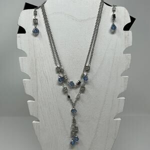 Cookie Lee Silver Tone w/ Blue Stones  Necklace & Earring Set 14-17 Inches